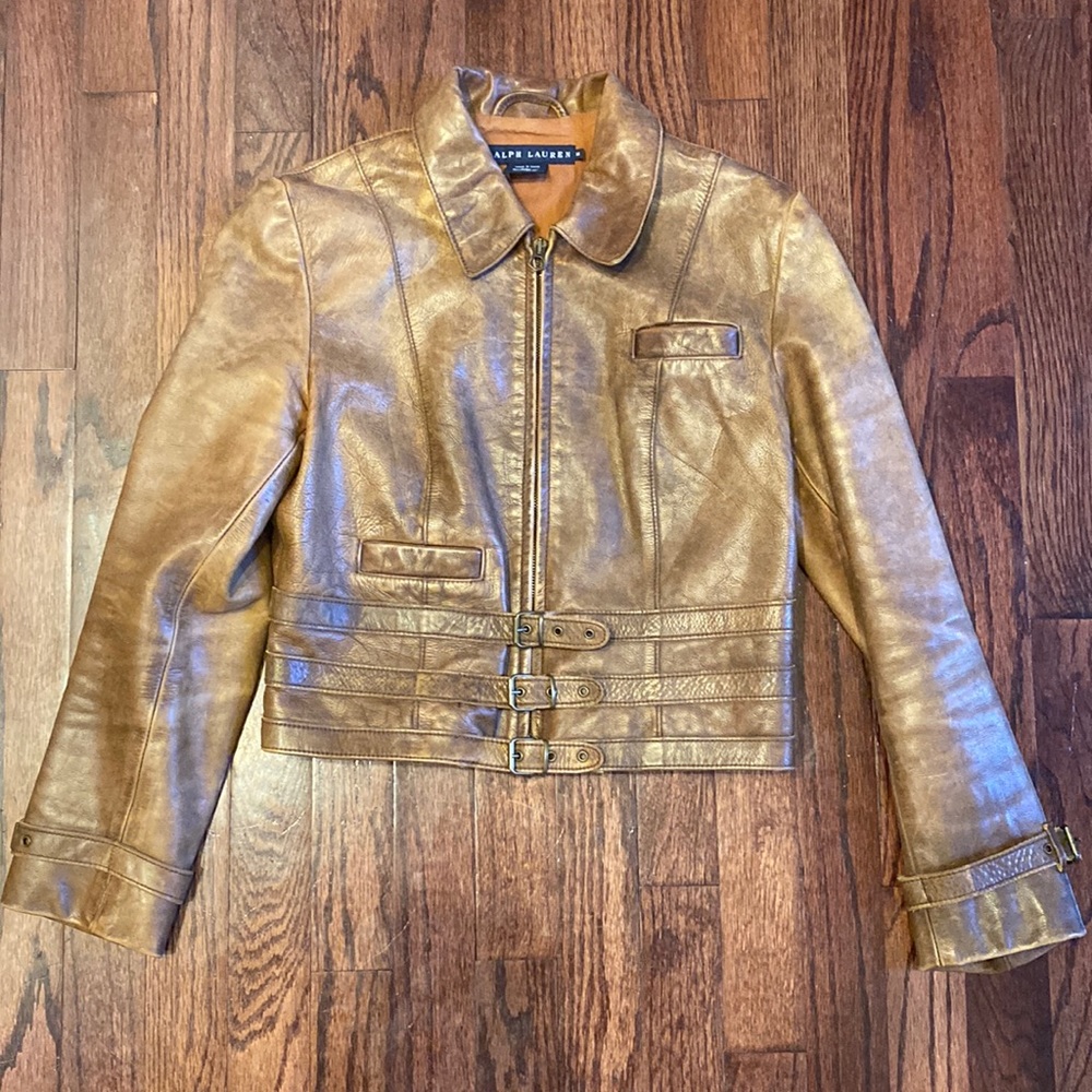 🏇Ralph Lauren Blue Label Aviator Strap Cropped Brown Leather Jacket🏇 - Picture 13 of 13